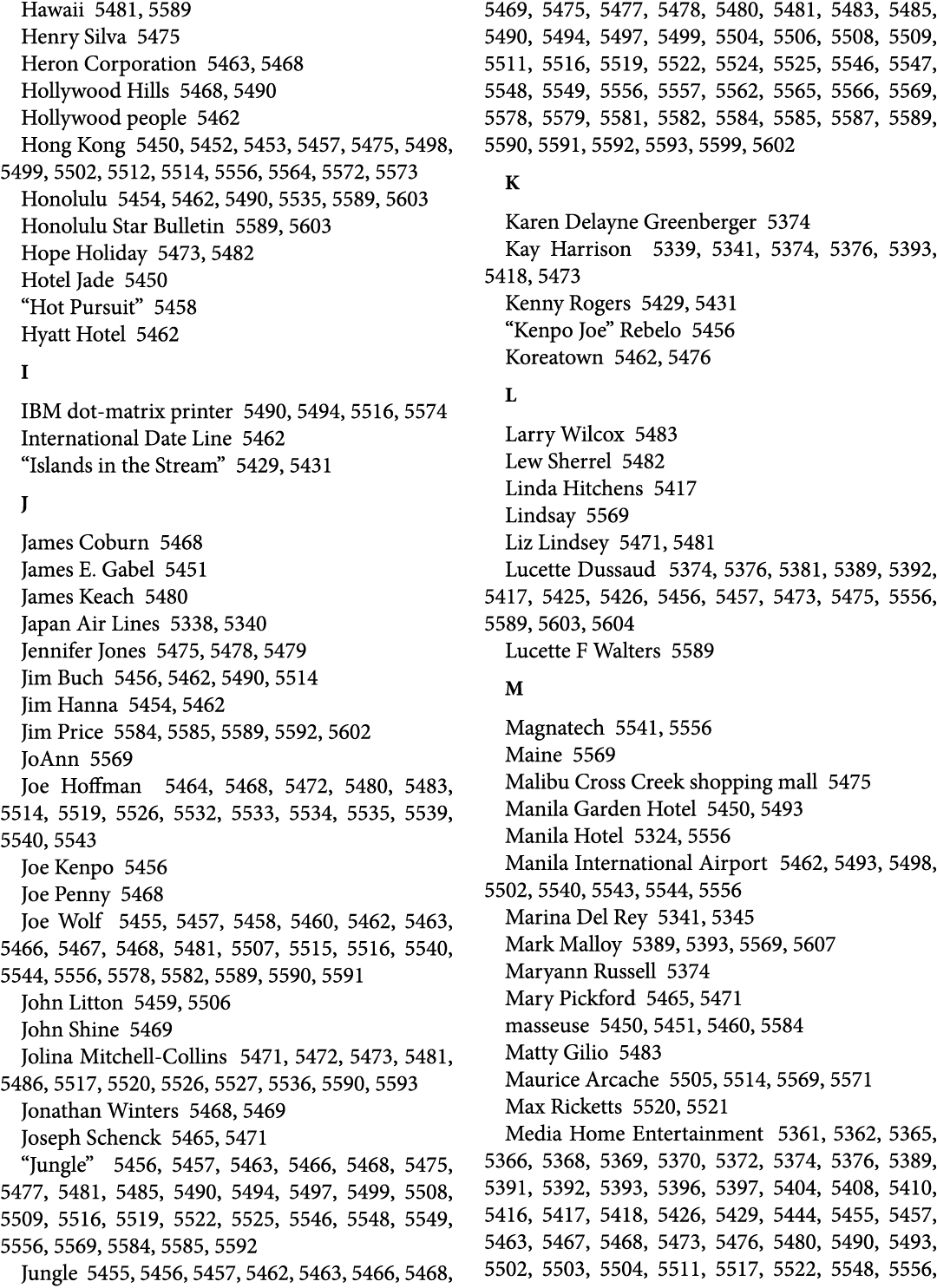 Hawaii 5481, 5589 Henry Silva 5475 Heron Corporation 5463, 5468 Hollywood Hills 5468, 5490 Hollywood people 5462 Hong...