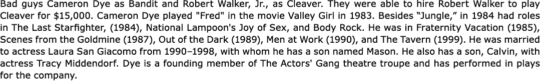 Bad guys ﻿Cameron Dye as Bandit and ﻿﻿Robert Walker, Jr., as Cleaver. They were able to hire ﻿Robert Walker to play C...