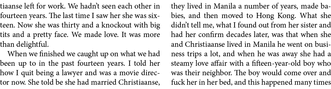 tiaanse left for work. We hadn’t seen each other in fourteen years. The last time I saw her she was sixteen. Now she ...