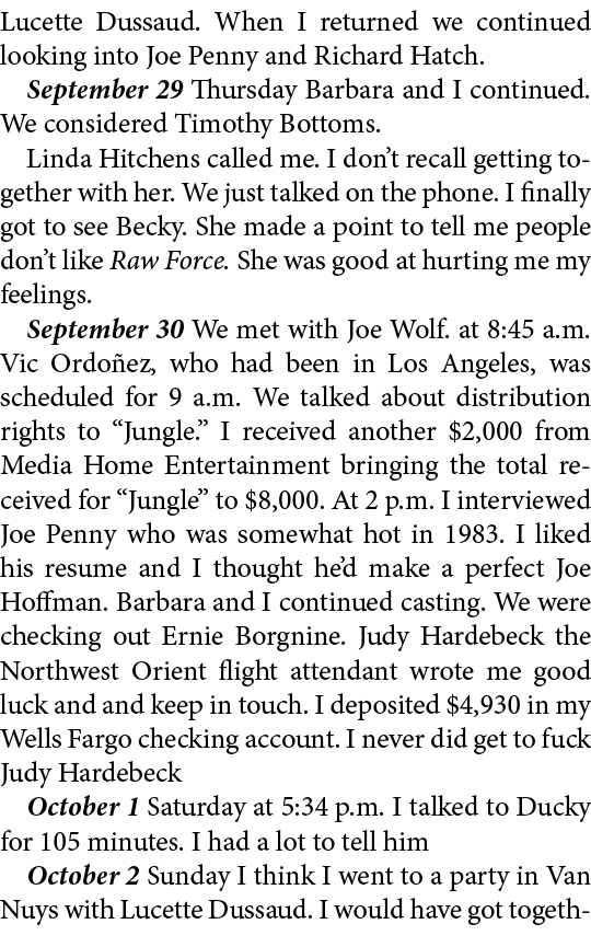 Lucette Dussaud. When I returned we continued looking into Joe Penny and Richard Hatch. September 29 Thursday Barbar...