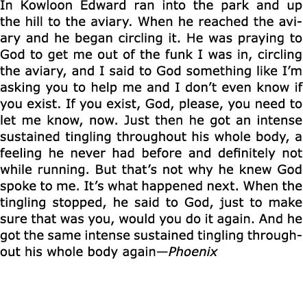 In Kowloon Edward ran into the park and up the hill to the aviary. When he reached the aviary and he began circling i...