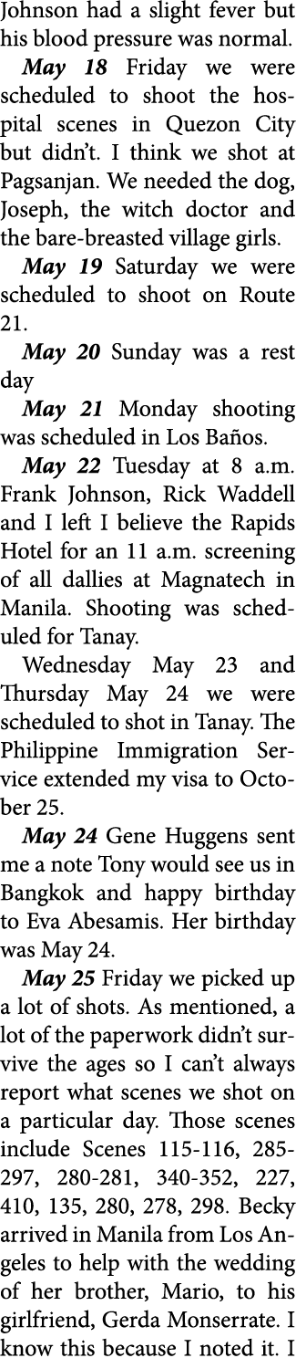 Johnson had a slight fever but his blood pressure was normal. May 18 Friday we were scheduled to shoot the hospital s...