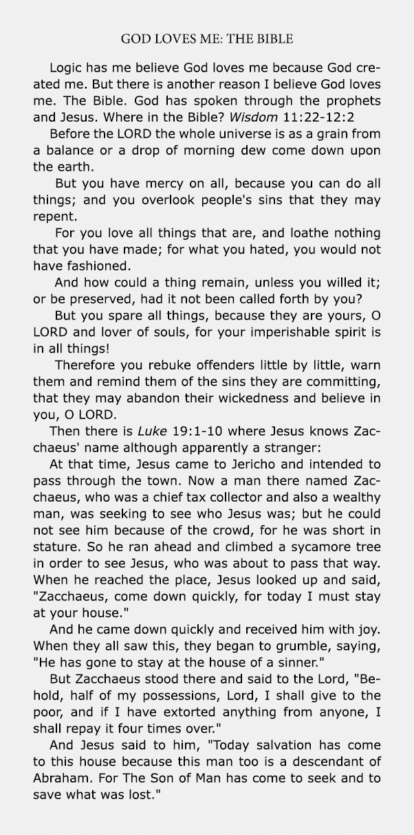 god loves me: THE BIBLE Logic has me believe ﻿God loves me because God created me. But there is another reason I beli...