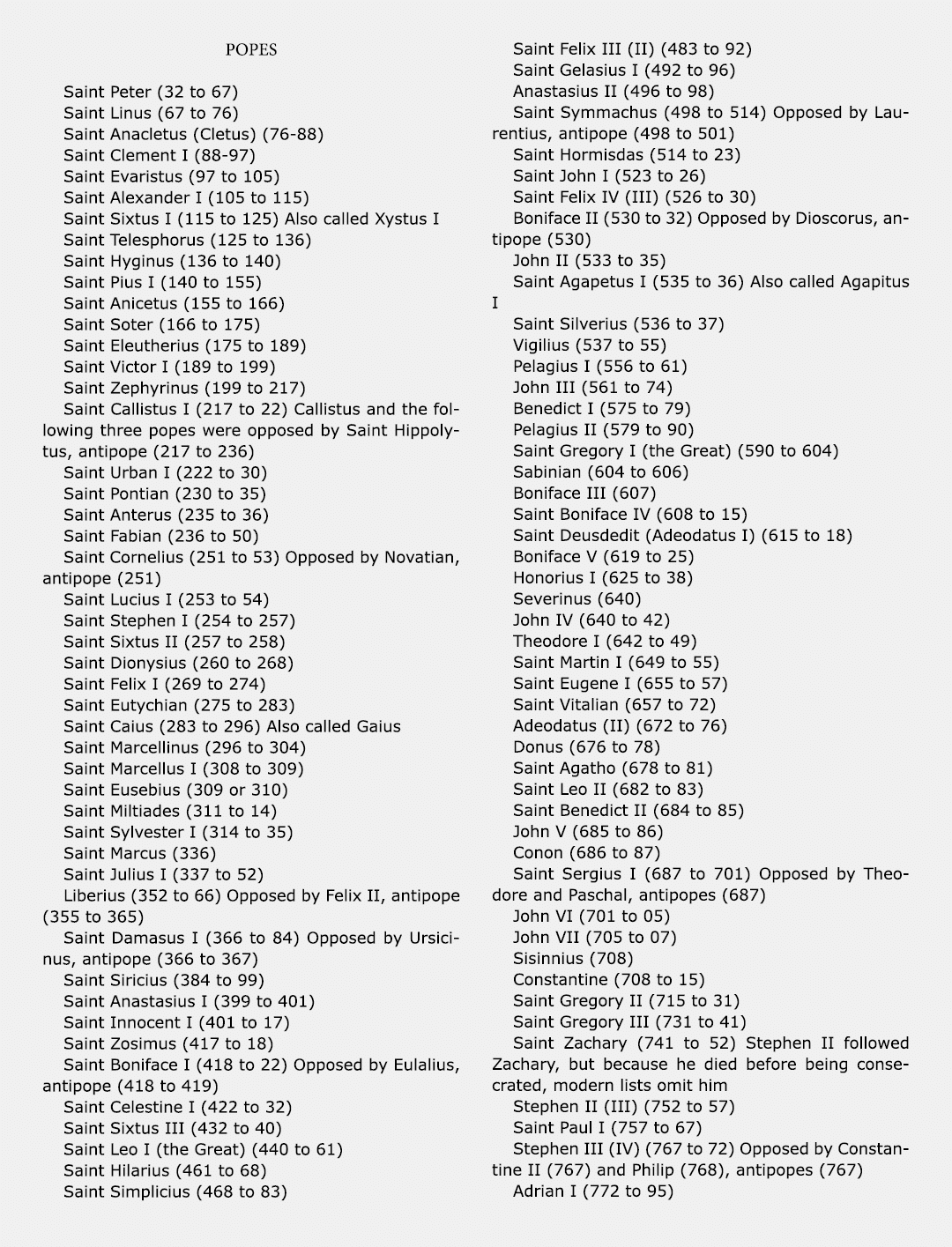 Popes Saint Peter (32 to 67) Saint Linus (67 to 76) ﻿Saint Anacletus (Cletus) (76-88) ﻿Saint Clement I (88-97) Saint ...
