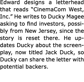 Edward designs a letterhead that reads “CinemaCom West, Inc.” He writes to Ducky Magee asking to find investors, poss...