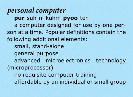personal computer pur suh nl kuhm pyoo ter a computer designed for use by one person at a time. Popular definitions ...