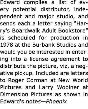 Edward compiles a list of every potential ﻿distributor, independent and major studio, and sends each a letter saying ...