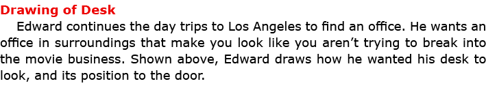 Drawing of Desk Edward continues the day trips to ﻿Los Angeles to find an office. He wants an office in surroundings ...