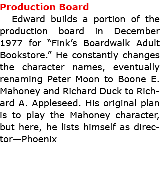 Production Board Edward builds a portion of the production board in December 1977 for “Fink’s Boardwalk Adult Booksto...