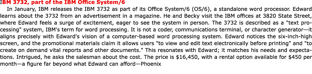 IBM 3732, part of the IBM Office System/6 In January, IBM releases the IBM 3732 as part of its Office System/6 (OS/6)...