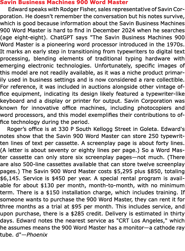 Savin Business Machines 900 Word Master Edward speaks with ﻿Rodger Fisher, sales representative of Savin Corporation...