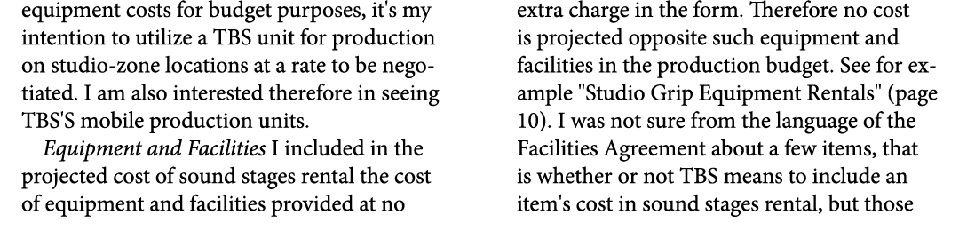 equipment costs for budget purposes, it's my intention to utilize a TBS unit for production on studio zone locations ...