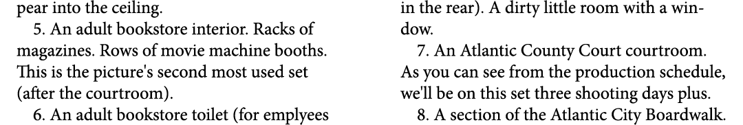 pear into the ceiling. 5. An adult bookstore interior. Racks of magazines. Rows of movie machine booths. This is the ...
