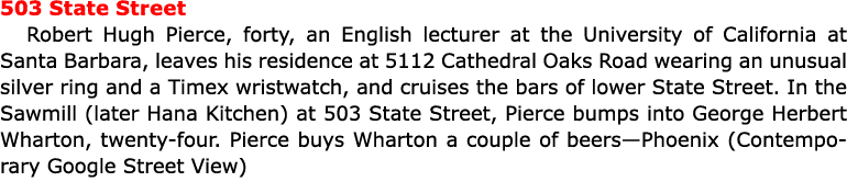 503 ﻿State Street ﻿﻿Robert Hugh Pierce, forty, an English lecturer at the University of California at Santa Barbara,...