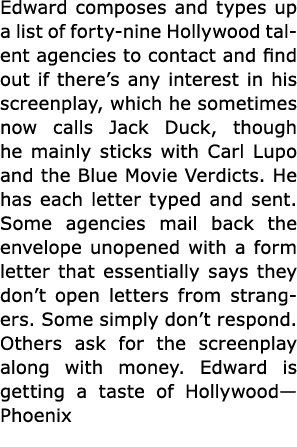 Edward composes and types up a list of forty nine Hollywood talent agencies to contact and find out if there’s any in...