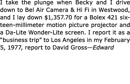 I take the plunge when Becky and I drive down to Bel Air Camera & Hi Fi in Westwood, and I lay down $1,357.70 for a B...