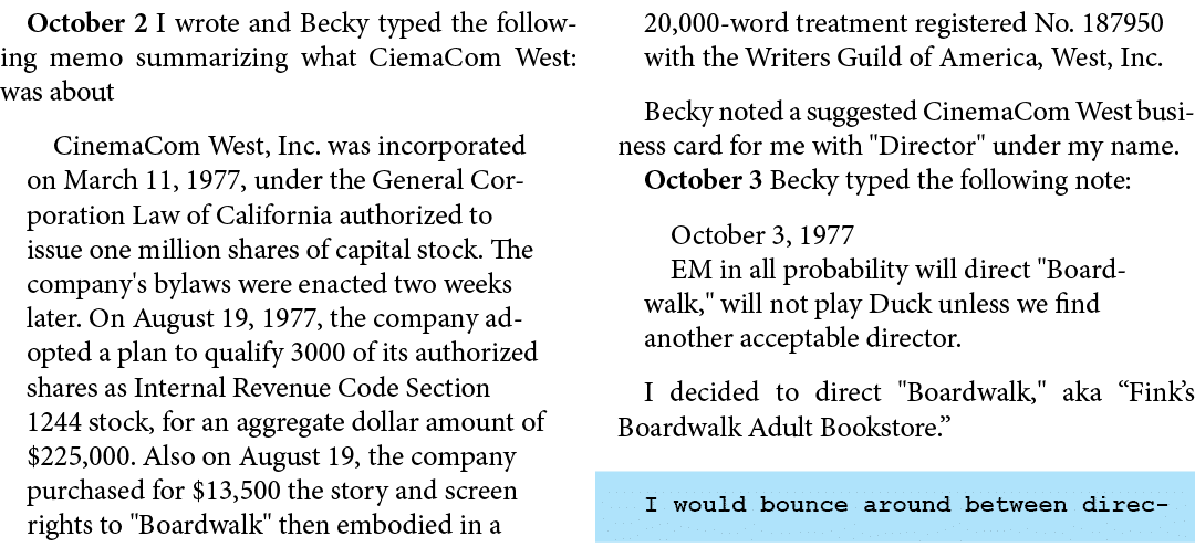 October 2 I wrote and Becky typed the following memo summarizing what CiemaCom West: was about CinemaCom West, Inc. w...