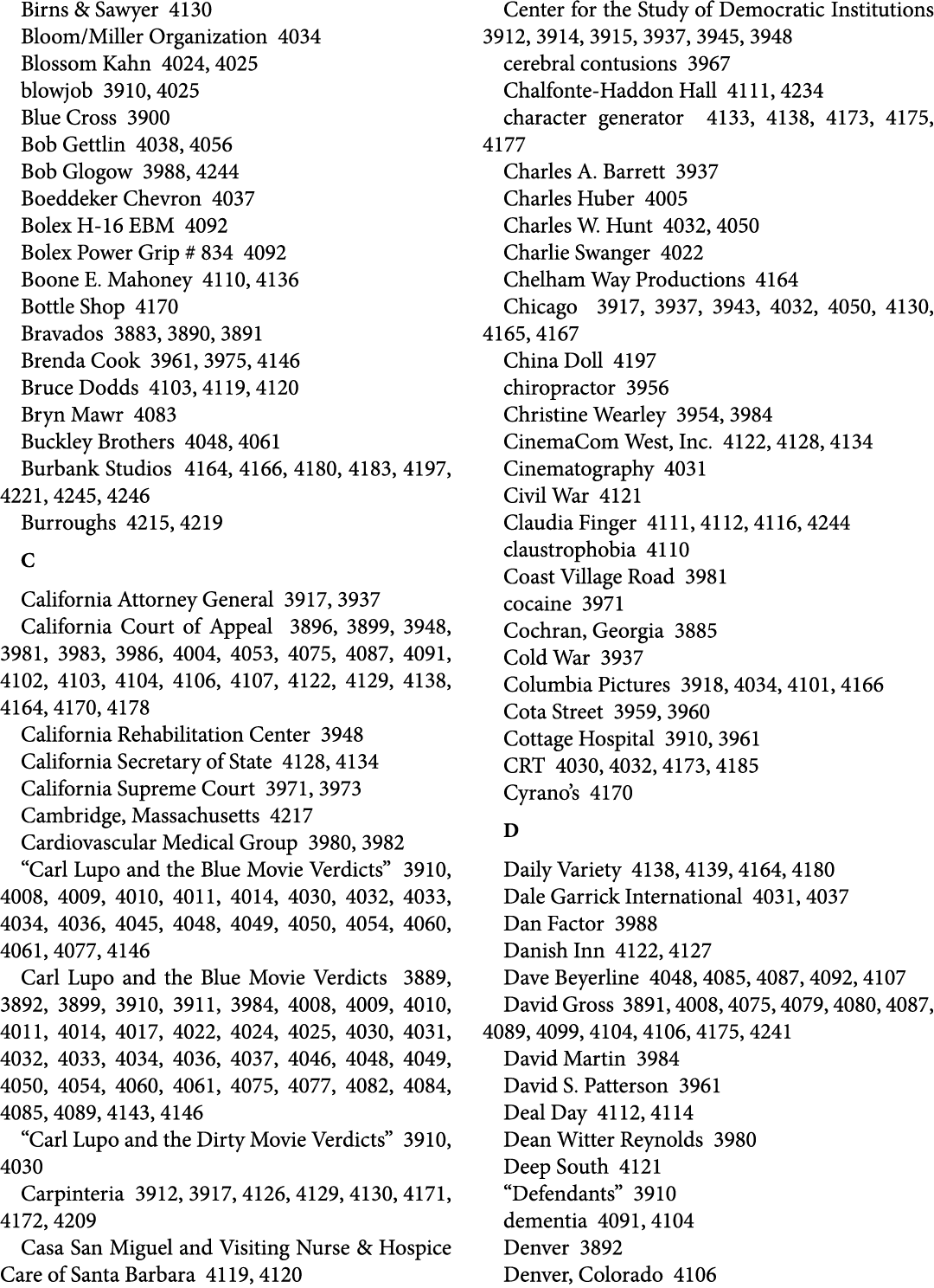 Birns & Sawyer 4130 Bloom/Miller Organization 4034 Blossom Kahn 4024, 4025 blowjob 3910, 4025 Blue Cross 3900 Bob Get...