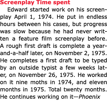 Screenplay Time spent Edward started work on his ﻿screenplay April 1, 1974. He put in endless hours between his cases...