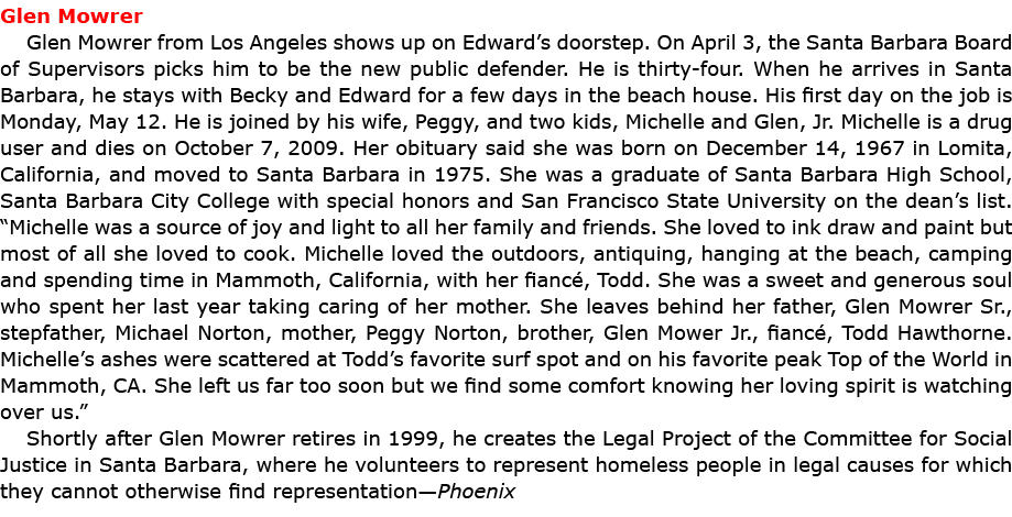 Glen Mowrer Glen Mowrer from Los Angeles shows up on Edward’s doorstep. On April 3, the Santa Barbara Board of Super...