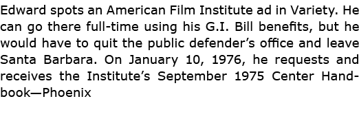 Edward spots an ﻿American Film Institute ad in Variety. He can go there full time using his ﻿﻿G.I. Bill benefits, but...