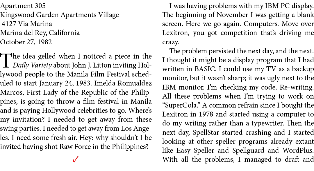 Apartment 305 ﻿Kingswood Garden Apartments Village 4127 Via Marina ﻿Marina del Rey, California October 27, 1982 The i...