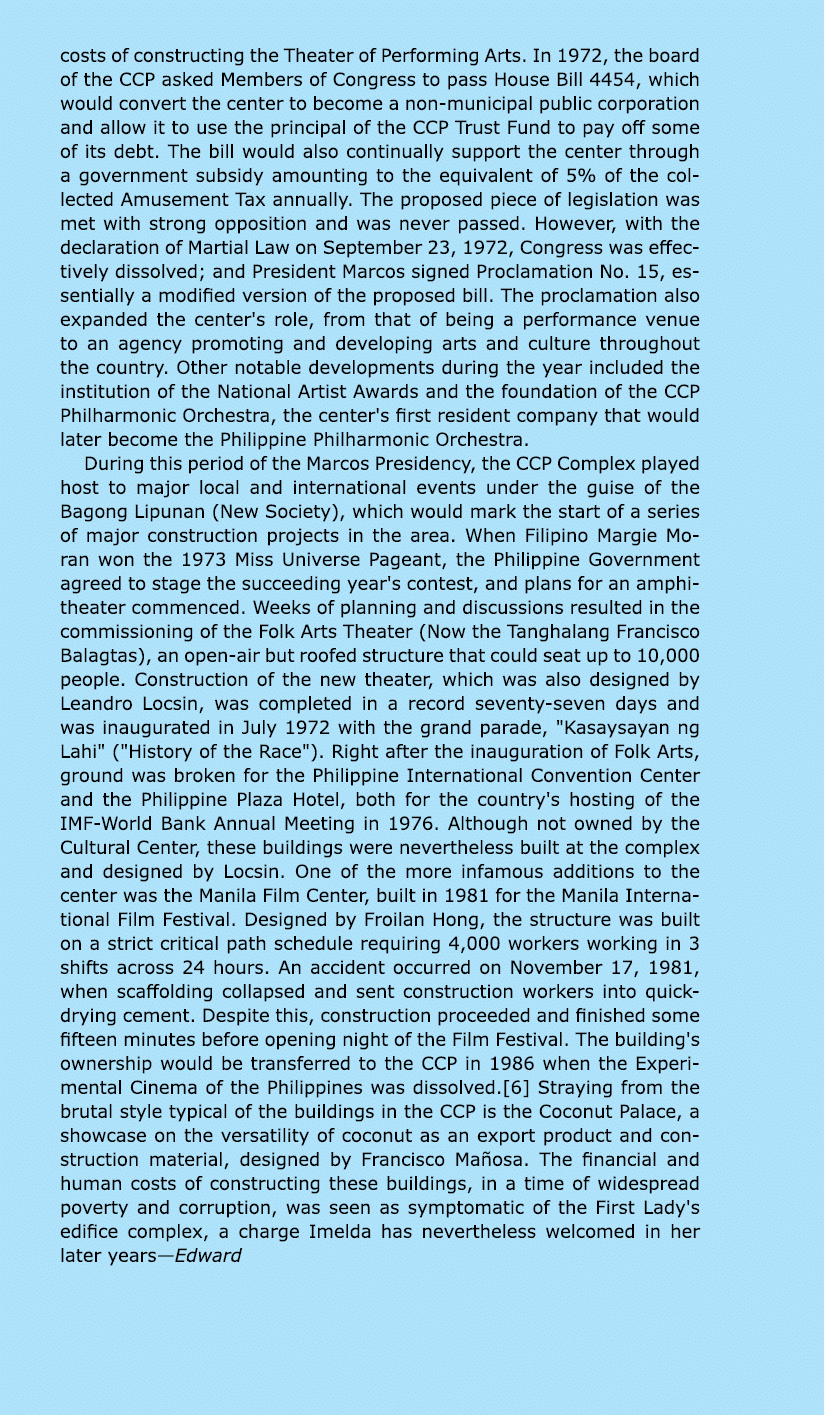 costs of constructing the Theater of Performing Arts. In 1972, the board of the CCP asked Members of Congress to pass...