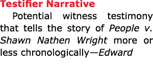 Testifier Narrative Potential witness testimony that tells the story of People v. ﻿﻿Shawn Nathen Wright more or less ...