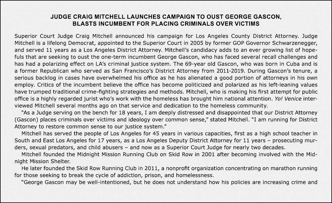 Judge Craig Mitchell Launches Campaign to Oust George Gascon, Blasts Incumbent for Placing Criminals Over Victims Sup...