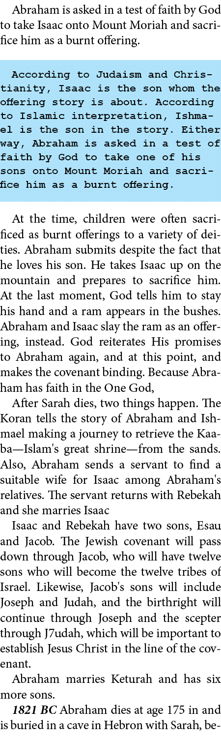 Abraham is asked in a test of faith by ﻿God to take ﻿Isaac onto ﻿Mount Moriah and sacrifice him as a burnt offering....
