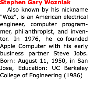 Stephen Gary Wozniak Also known by his nickname \“Woz\", is an American electrical engineer, computer programmer, phi...