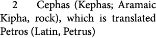 2 Cephas (Kephas; ﻿Aramaic Kipha, rock), which is translated Petros (Latin, Petrus) 