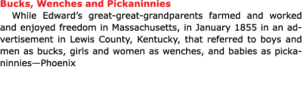 Bucks, Wenches and Pickaninnies While Edward’s great-great-grandparents farmed and worked and enjoyed freedom in ﻿Mas...