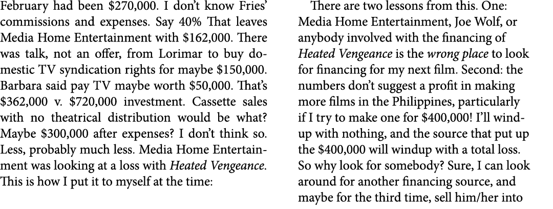 February had been $270,000. I don’t know Fries’ commissions and expenses. Say 40% That leaves Media Home Entertainmen...
