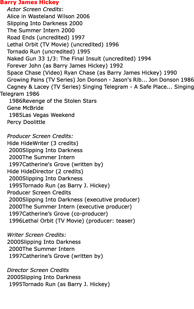 Barry James Hickey Actor Screen Credits: Alice in Wasteland Wilson 2006 Slipping Into Darkness 2000 The Summer Intern...