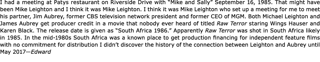 I had a meeting at ﻿Patys restaurant on Riverside Drive with “Mike and Sally” September 16, 1985. That might have bee...
