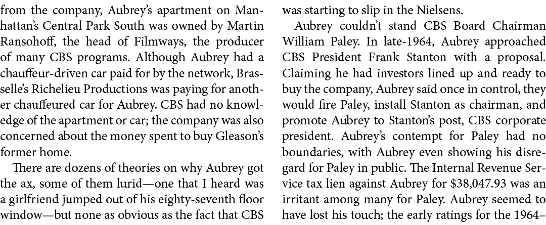 from the company, Aubrey’s apartment on Manhattan’s Central Park South was owned by Martin Ransohoff, the head of Fil...