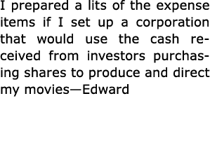 I prepared a lits of the expense items if I set up a corporation that would use the cash received from investors purc...