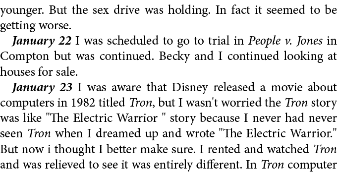 younger. But the sex drive was holding. In fact it seemed to be getting worse. January 22 I was scheduled to go to tr...