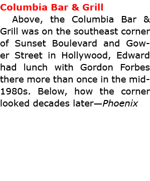 Columbia Bar & Grill Above, the Columbia Bar & Grill was on the southeast corner of Sunset Boulevard and Gower Street...