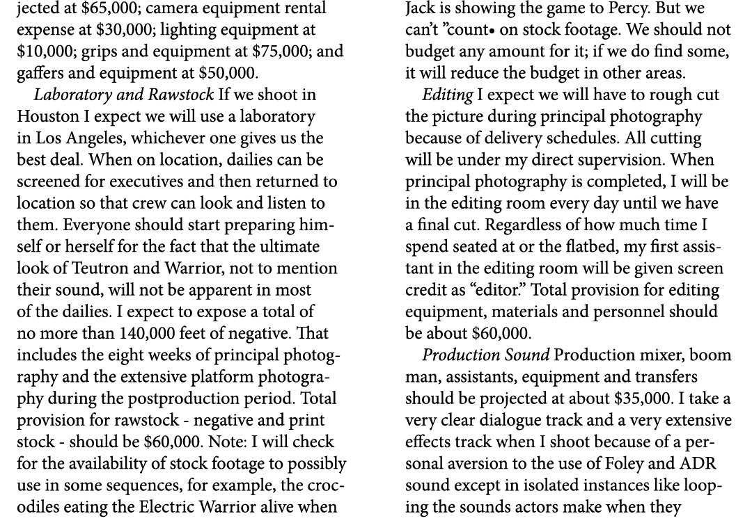 jected at $65,000; camera equipment rental expense at $30,000; lighting equipment at $10,000; grips and equipment at ...
