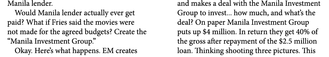 Manila lender. Would ﻿Manila lender actually ever get paid? What if Fries said the movies were not made for the agre...