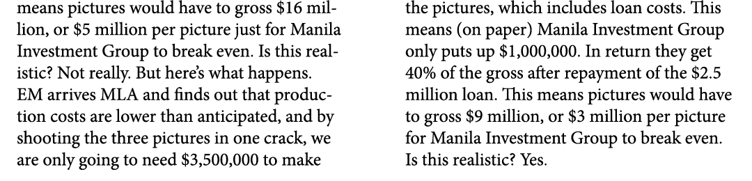 means pictures would have to gross $16 million, or $5 million per picture just for ﻿Manila Investment Group to break ...