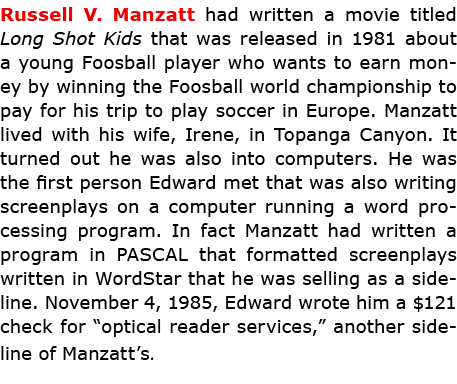 Russell V. Manzatt had written a movie titled Long Shot Kids that was released in 1981 about a young Foosball player ...
