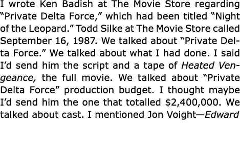 I wrote Ken Badish at The Movie Store regarding “﻿Private Delta Force,” which had been titled “﻿Night of the Leopard....