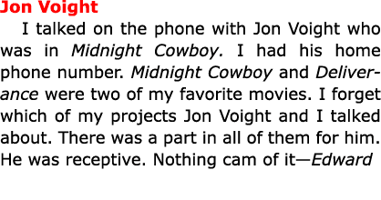 Jon Voight I talked on the phone with Jon Voight who was in Midnight Cowboy. I had his home phone number. Midnight Co...