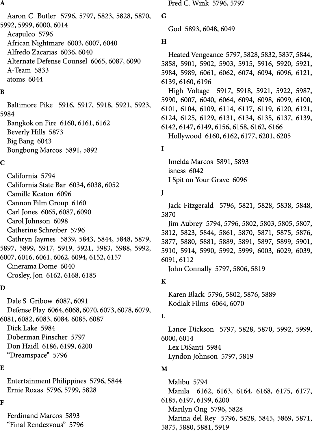 A Aaron C. Butler 5796, 5797, 5823, 5828, 5870, 5992, 5999, 6000, 6014 Acapulco 5796 African Nightmare 6003, 6007, 60...