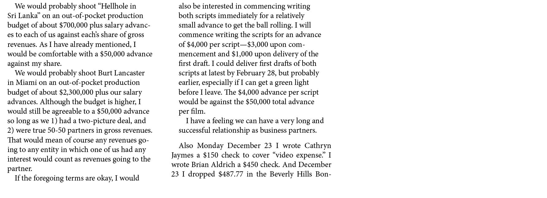 We would probably shoot “Hellhole in Sri Lanka” on an out of pocket production budget of about $700,000 plus salary a...