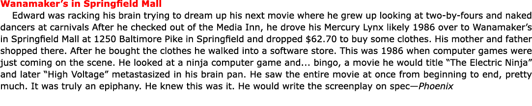 Wanamaker’s in Springfield Mall Edward was racking his brain trying to dream up his next movie where he grew up looki...