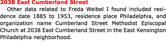 2038 East Cumberland Street Other data related to Freda Weibel I found included residence date 1885 to 1953, residenc...